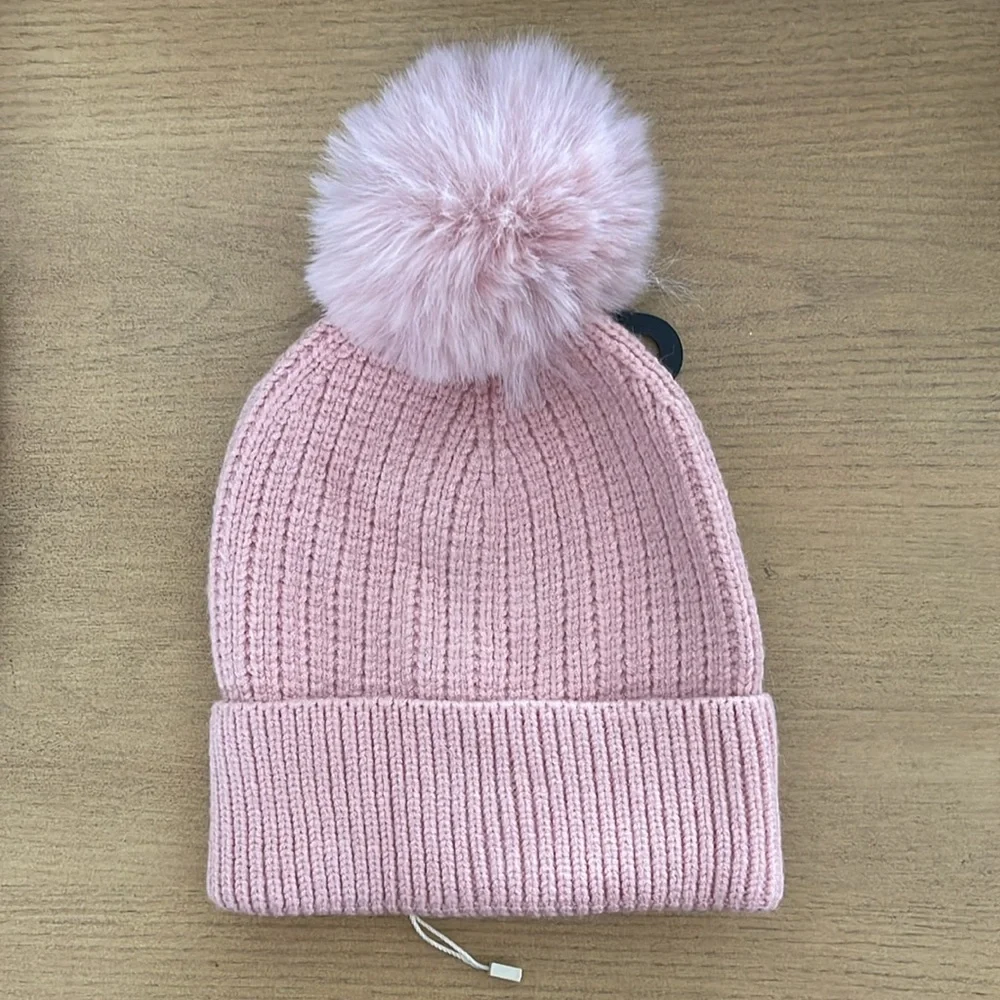 Zara Kids Bundle of 2 Beanie Faux Fur Pom Hats Gray and Pink 1-3 years